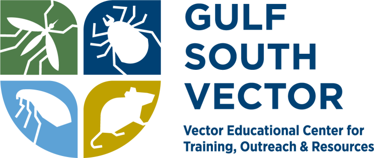 Four sectioned graphic with icons of a mosquito, tick, mite and mouse to the left of words reading "Gulf South Vector, Vector Educational Center for Training, Outreach, and Resources."