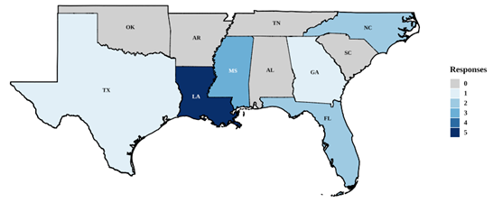 Color-scaled map of PMP needs assessments completed in the gulf south region