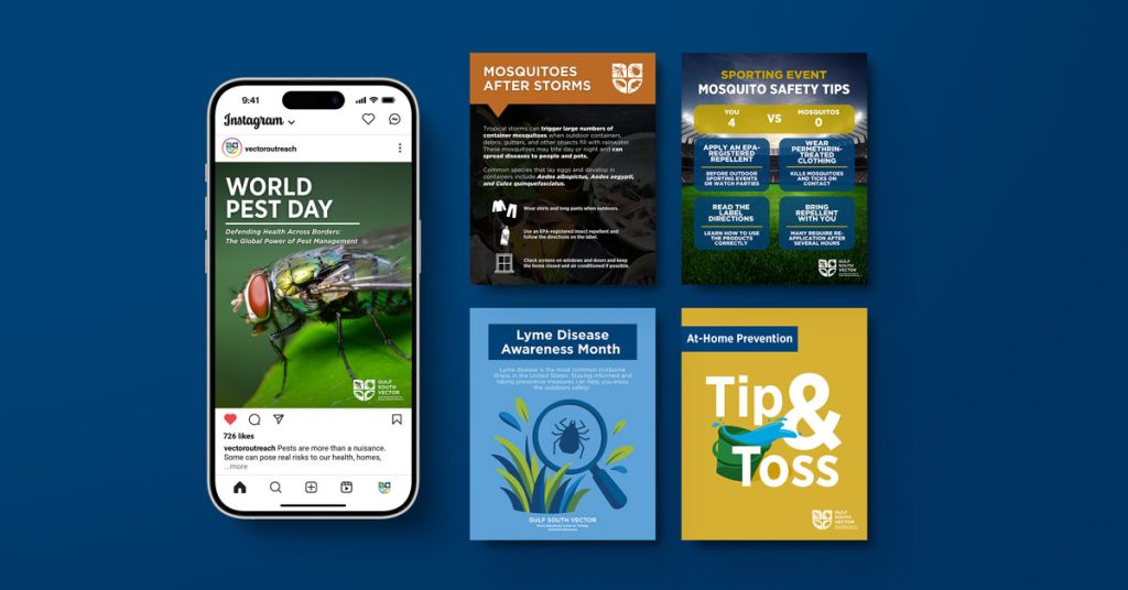 Image of cell phone social media account mock-up and 4 example social media graphics.