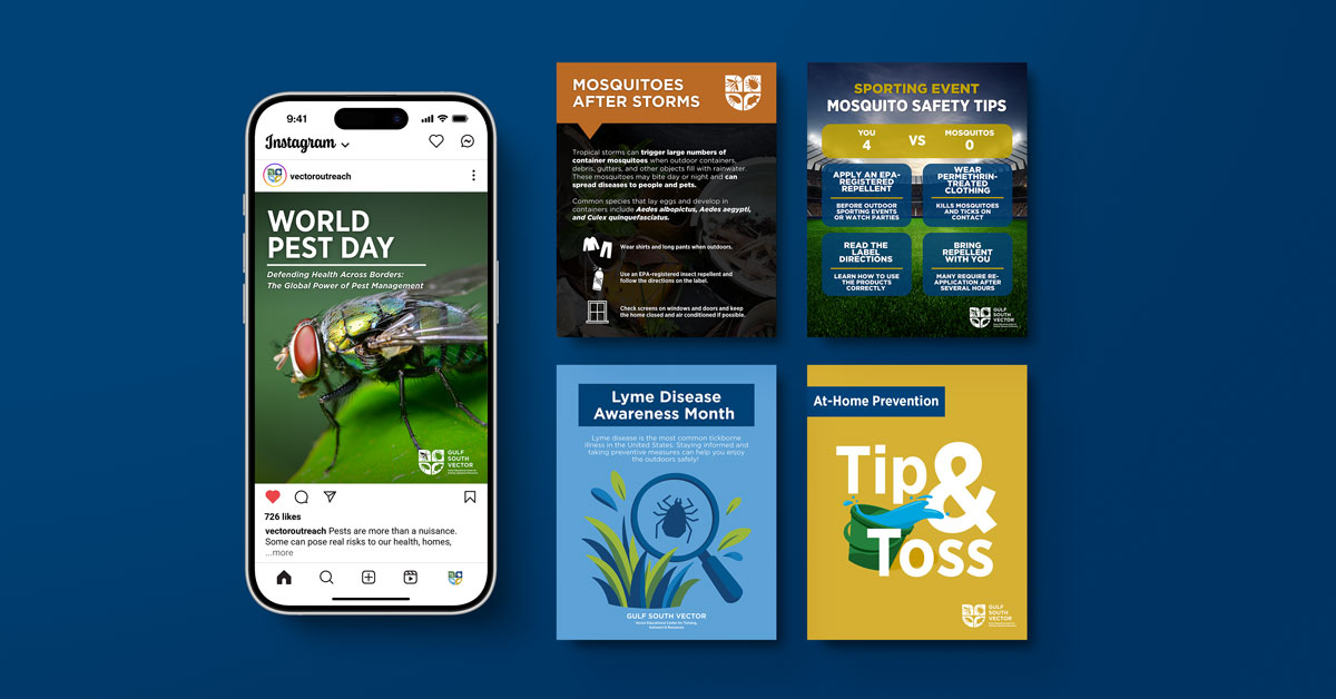 Image of cell phone social media account mock-up and 4 example social media graphics.