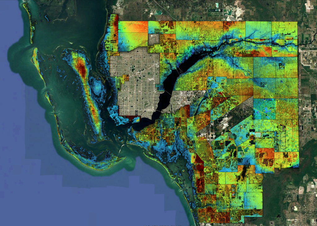 Program-scale helicopter-based LiDAR acquisition coverage showing approximately 184,567 ha of coastal saltmarsh, mangrove, riverine, and inland mosquito habitats mapped during January–May 2026 in Lee County. Colors represent elevational changes.