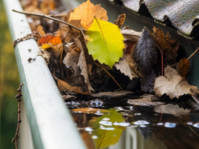 Gutter filled with water and leaf debris