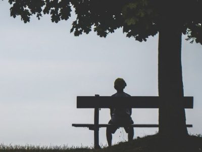 Silhouette image of person sitting on bench under a tree at dusk.